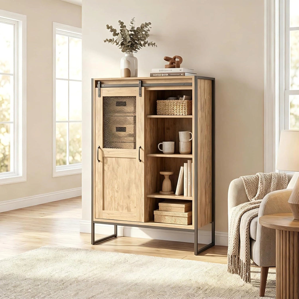 Credenza Cucina Salvaspazio, Mobiletto in Legno con Anta Scorrevole, 5 Cassetti e Ripiani Regolabili a 3 Livelli, Armadietto Portaoggetti per Sala da Pranzo, 84 X 40 X 120 CM (Naturale)