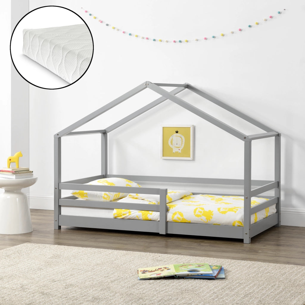 Letto per Bambino a Forma di Casetta con Barriere di Sicurezza e Materasso Ortopedico 90 x 200 cm Lettino in Legno di Pino con Sponde - Grigio Chiaro