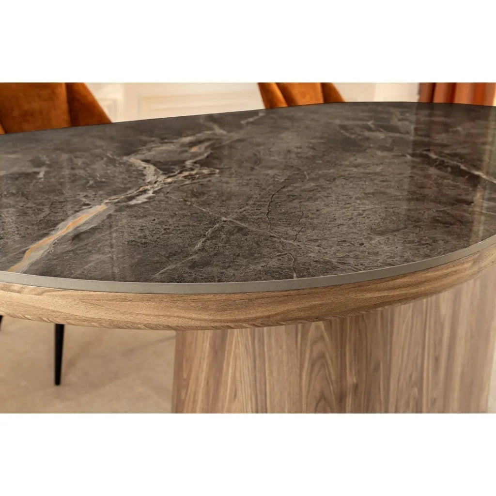 Tavolo da pranzo LUMEA – Ovale 200 cm – Effetto marmo grigio – Piede largo – Stile contemporaneo