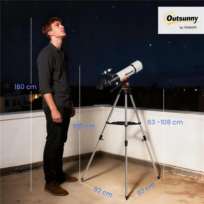 TELESCOPIO ASTRONOMICO 80MM CON MONTATURA AZ, 2 LENTI OCULARI E ADATTATORE SMARTPHONE, 92X92X130 CM, BIANCO E NERO