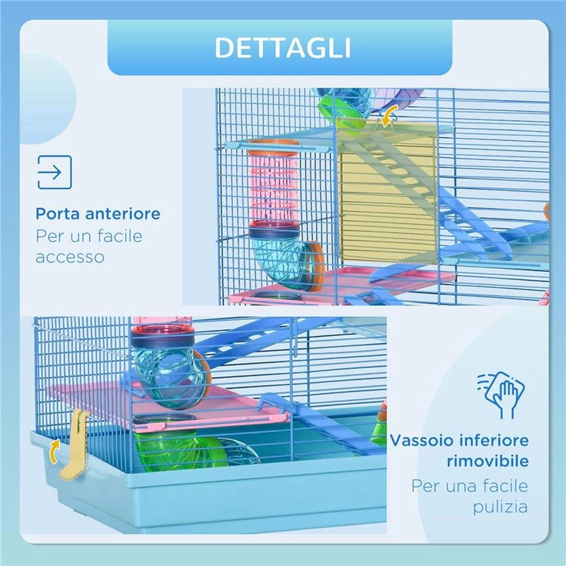 GABBIA PER CRICETI E RODITORI A 5 PIANI CON TUBI COLORATI, RUOTA, CASETTA E ACCESSORI INCLUSI, BLU, 47X30X59CM