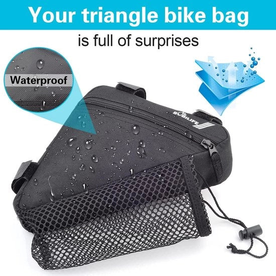 Borsa a Triangolo per Bicicletta - Borsa Portabici per Strada e Mountain Bike - Nero con Contenitore per Bottiglie