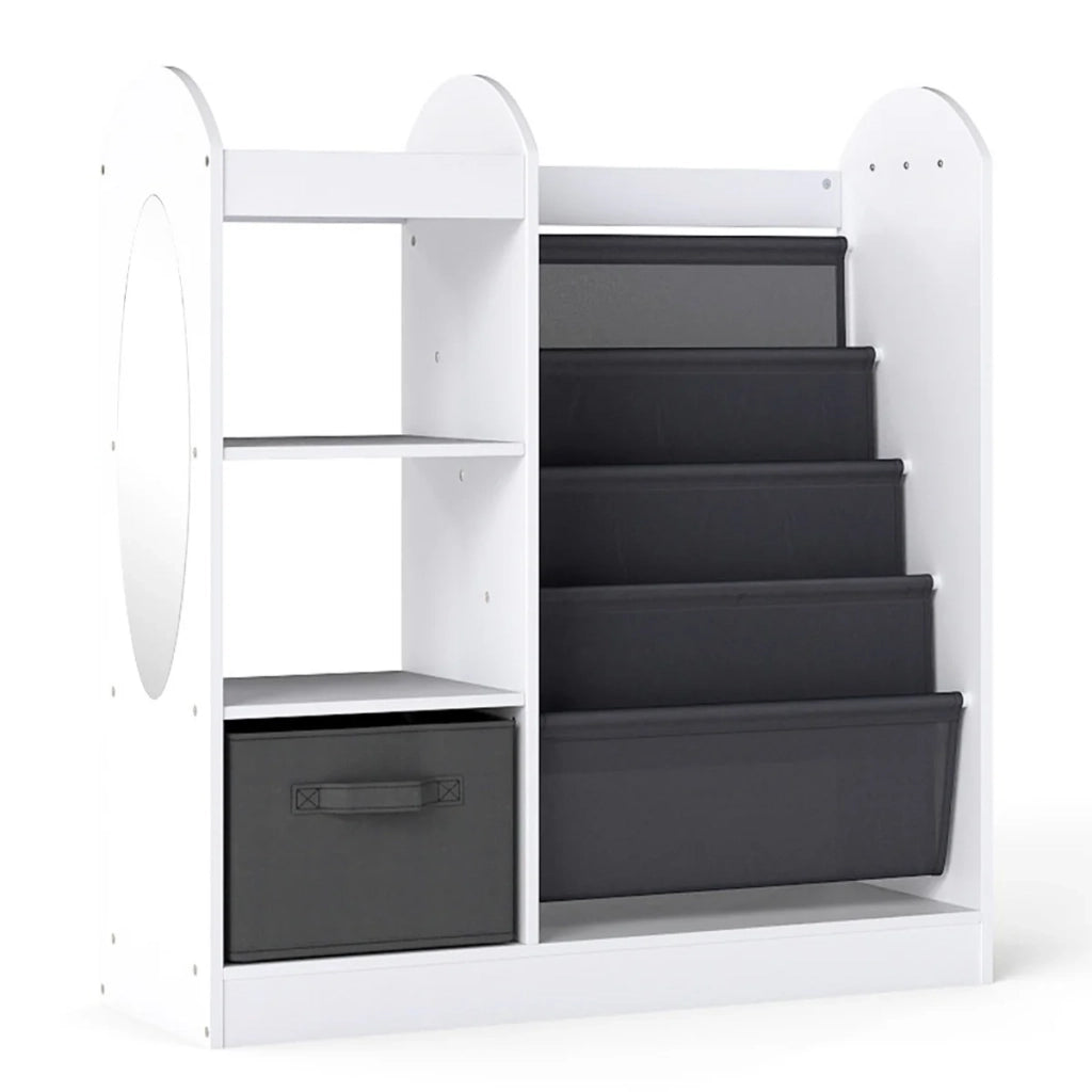 Libreria per bambini 87,5 x 30 x 90 cm con specchio e ampio cassetto in tessuto per riporre gli oggetti in modo pratico bianco 20_0018977