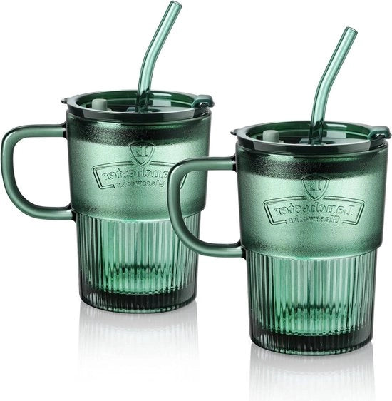 Set di 2 Tazze da Drinko in Vetro con Coperchio - Manico per Iced Coffee e Milkshakes - Resistenti al Lavastoviglie - Birra, Succo, Smoothie 

Specifica: 450ml