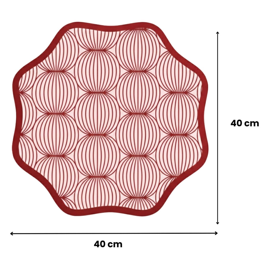 Kalp, Tovaglietta Americana set da 6, Bordo Ondulato, Fantasia Geometrica a Cerchi Intrecciati Made in Italy, 40x40 cm Rosso