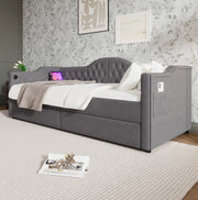 Letto singolo 90x190 cm con USB C e 2 cassetti; tessuto grigio