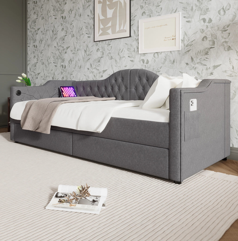 Letto singolo 90x190 cm con USB C e 2 cassetti; tessuto grigio