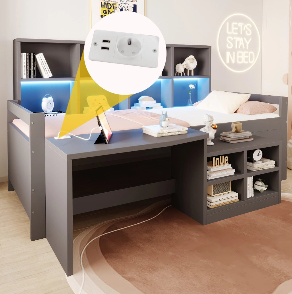 Letto multifunzione 90x200 cm con scrivania, LED e prese USB
