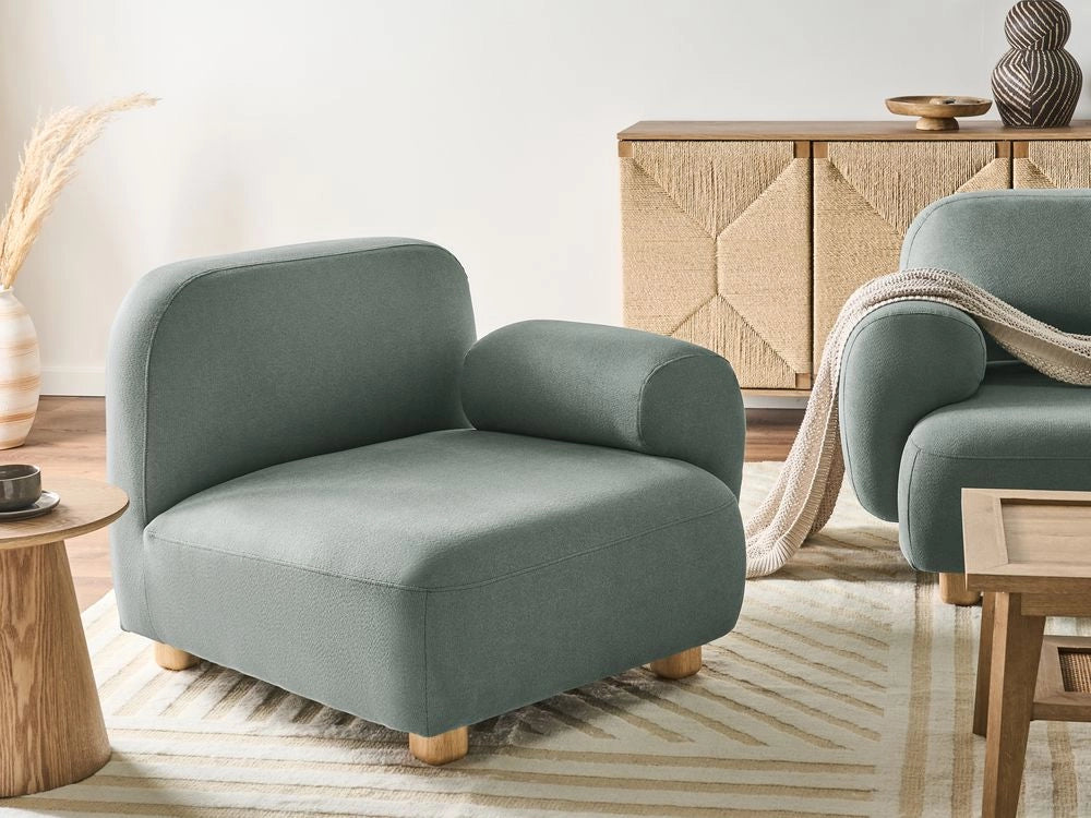 Modulo divano angolare lato sinistro a 1 posto con tessuto idrorepellente gambe in legno verde chiaro stile moderno a un posto