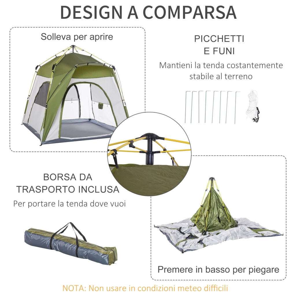Tenda da Campeggio 3 Posti Pop Up con Porta a Cerniera e 3 Finestre, 240x240x199 cm, Verde
