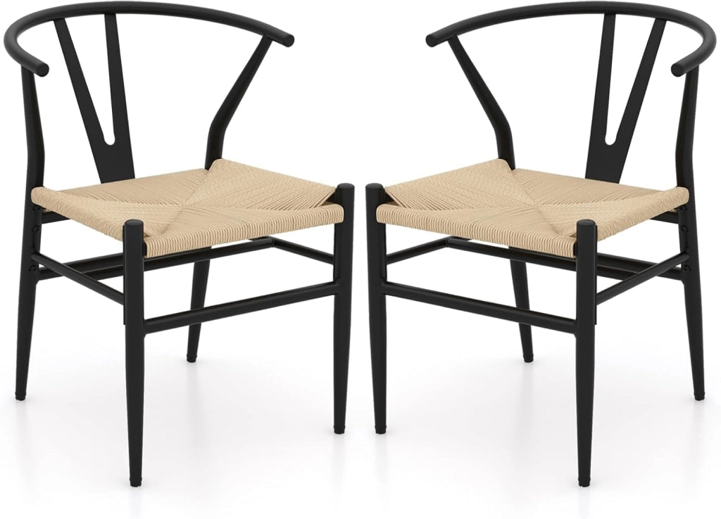 Set di 2 sedie da pranzo impilabili, da cucina, da soggiorno, con schienale e ampia seduta in rattan, portata 150 kg, con gambe in metallo, set di sedie 54 x 59 x 73 cm