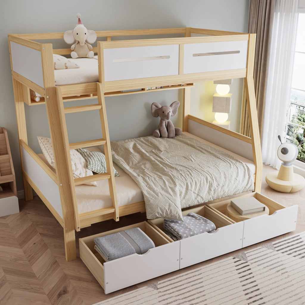 Letto a Castello 90x200 cm e 120x200 cm con 3 Cassetti e Libreria - Bianco Naturale