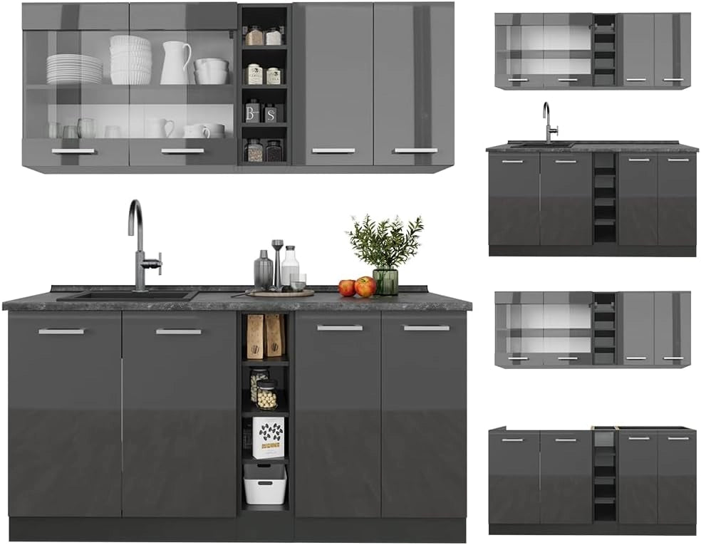 Cucina completa R-Line, Antracite lucido/antracite, 160 cm, PL Marmo, adatto per l'espansione individuale con moduli aggiuntivi