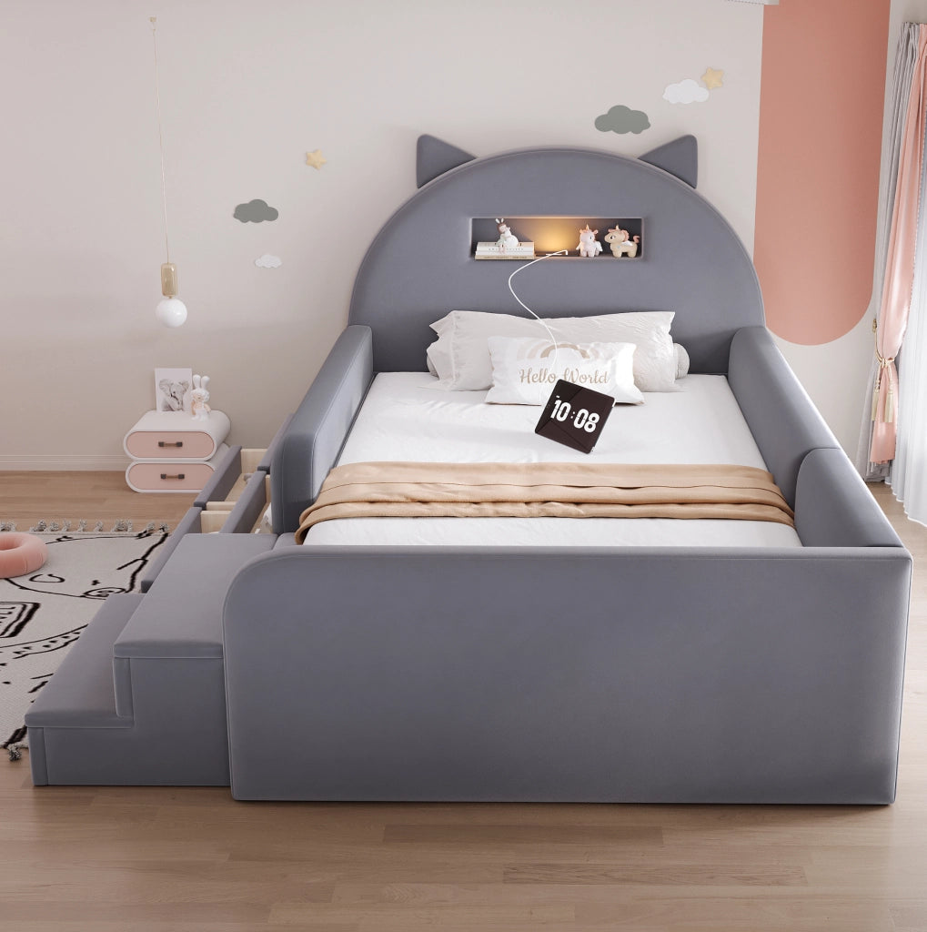 Letto imbottito 90x200 cm con contenitore; luce notturna e USB in velluto grigio scuro