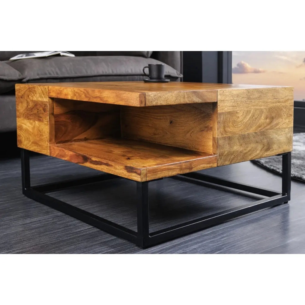 Tavolino basso GRADI 60 cm in legno massiccio di Sheesham e metallo – Tavolino basso quadrato industriale con nicchia
