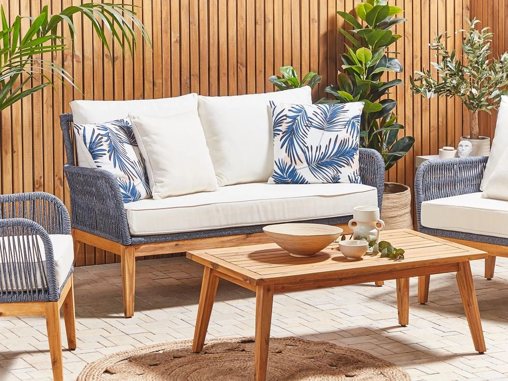 Set di 2 cuscini da esterno in poliestere blu 45 x 45 cm con motivo a foglia di palma da giardino e patio