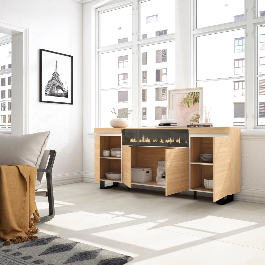 Credenza, Mobile, Cucina, 200x87x35cm, 4 Porte, Camino elettrico, Design industriale, Rovere soft e bianco