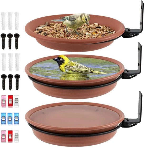 Vogelvoederbak e Vogelbad in 3 pezzi, Set per balconi, Vogelbad per ringhiere, Beccuccia per uccelli, Vogelvoederbak per ringhiere con fissaggio alla parete, attrae uccelli selvatici