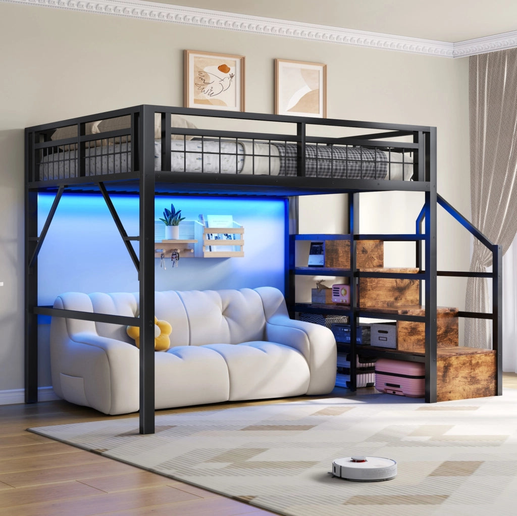 Letto a soppalco 140x200 cm in metallo nero con LED e scala contenitore