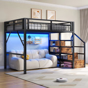 Letto a soppalco 140x200 cm in metallo nero con LED e scala contenitore
