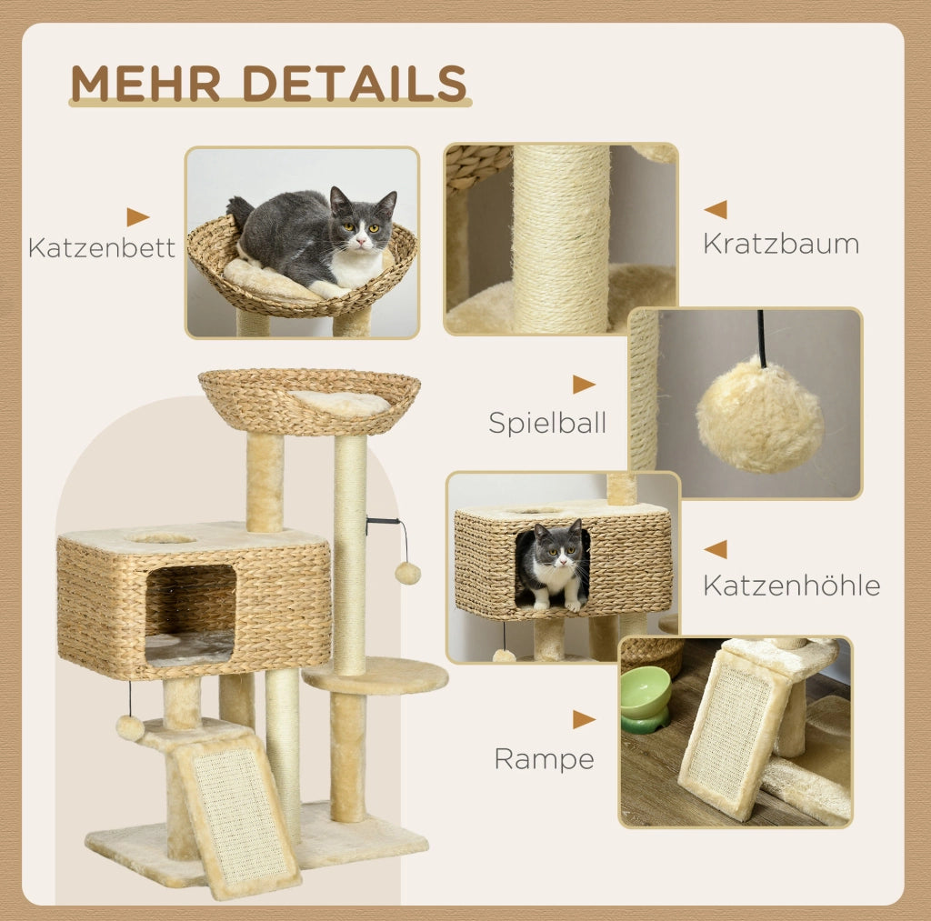Tiragraffi per gatti beige 98 cm con cuccia, rampa e sisal