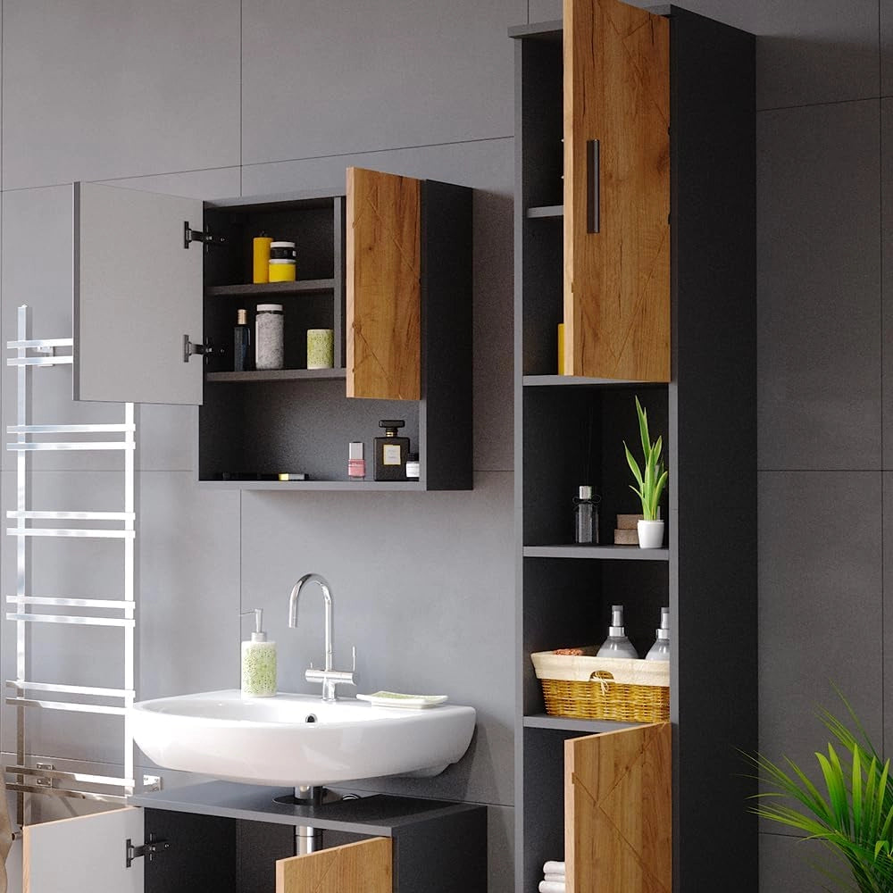 Set di mobili da bagno Irma, Quercia dorata/antracite, 2 parti, con colonna, composto da mobile sottolavabo e colonna alta