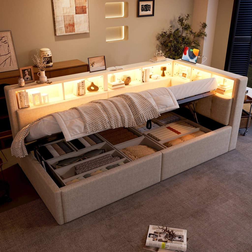 DESMIU Letto divano 90 × 200 cm 1 posto con LED regolabile, USB, Type-C e contenitore idraulico, senza materasso, beige