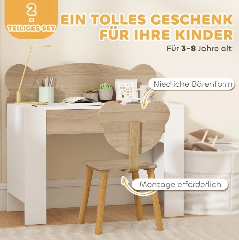 Set scrivania e sedia per bambini in legno naturale con cassetto