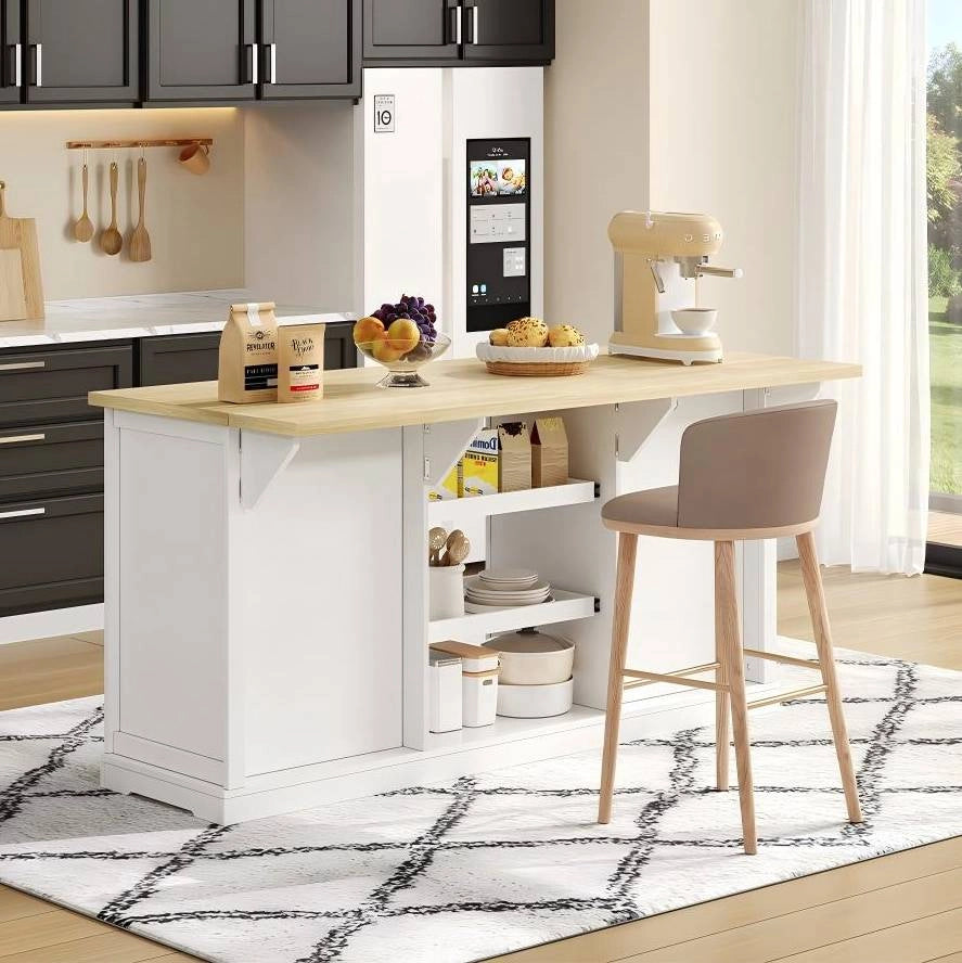 Isola cucina 150x65x75;5 cm in MDF bianco naturale con 5 cassetti e prese USB