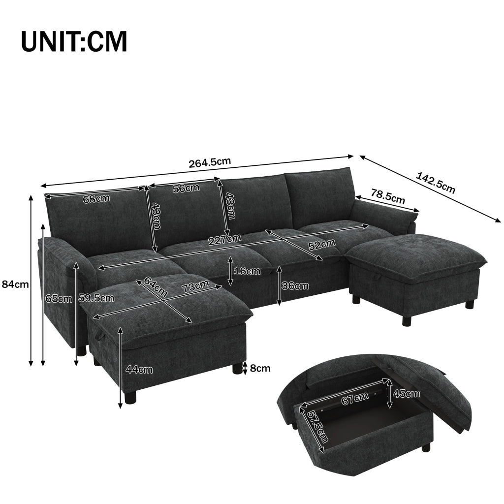 Divano modulare a U in tessuto Chenille nero con 2 pouf mobili, schienale alto e vano contenitore