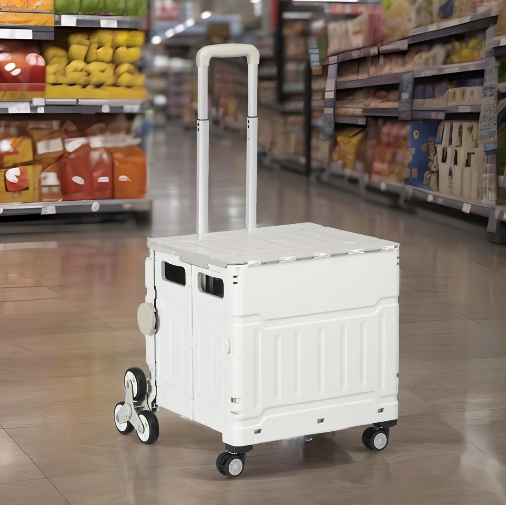 Carrello della spesa pieghevole 52x48x100 cm in plastica bianca, salvaspazio –