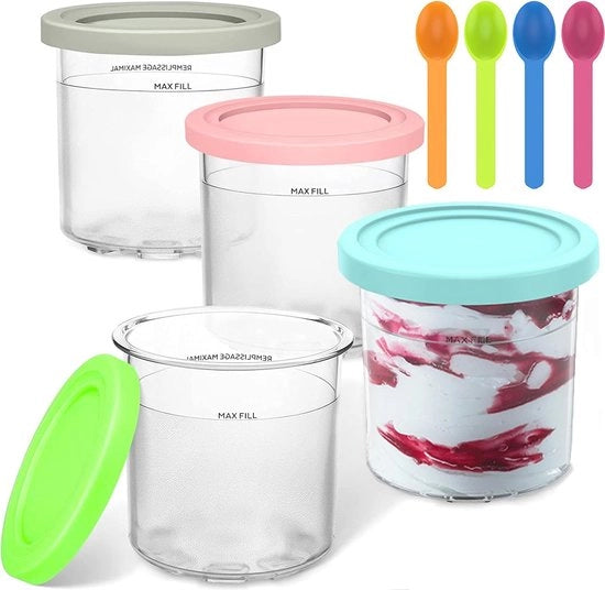 4 Sostegni per Macchina per Gelato - Contenitori di Policarbonato Riciclabili con Coperchi e Cucchiai - Ideali per Gelato Fatto in Casa e Sorbetto