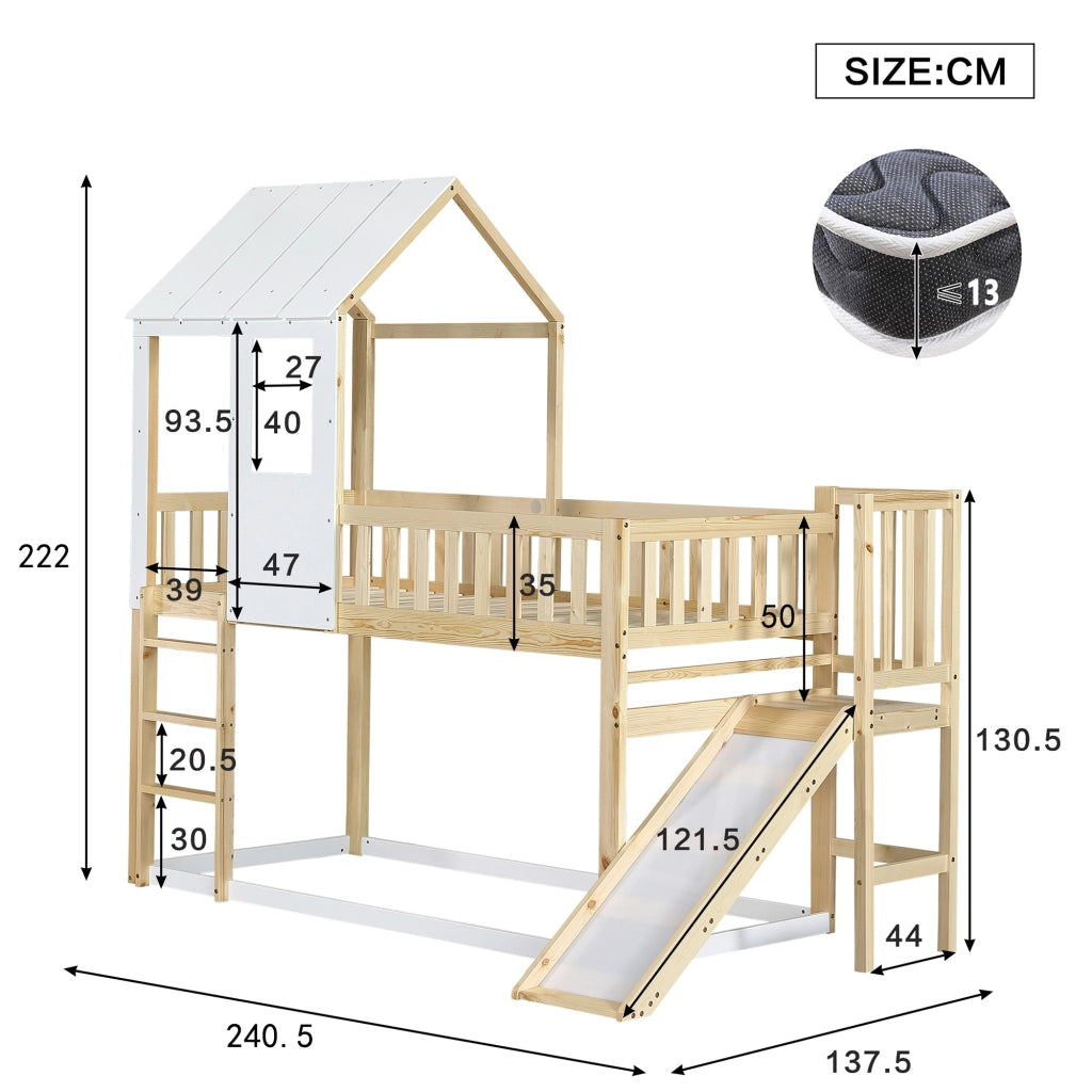 Letto a castello con scivolo e tetto naturale e bianco legno di pino 90x200 cm