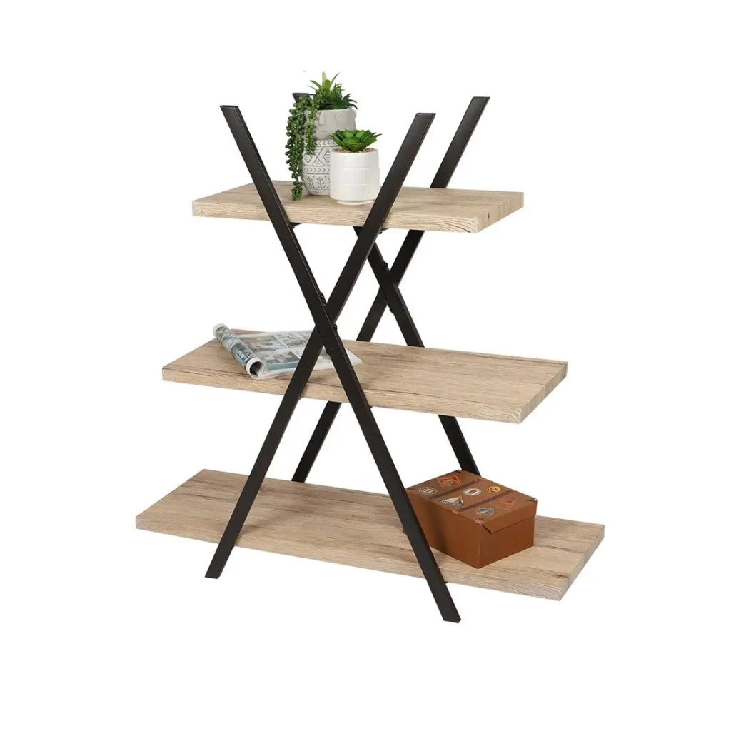 Scaffale piramide a 3 livelli DARYL – Stile industriale – Rovere e nero