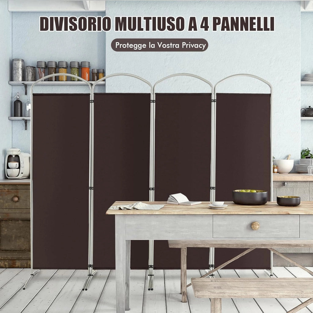 Paravento Pieghevole a 4/6 Pannelli, Separé Divisorio Interno ed Esterno, Pannelli Divisori per Camera da Letto, Ufficio e Soggiorno (221 x 188 cm 4 Pannelli, Marrone)