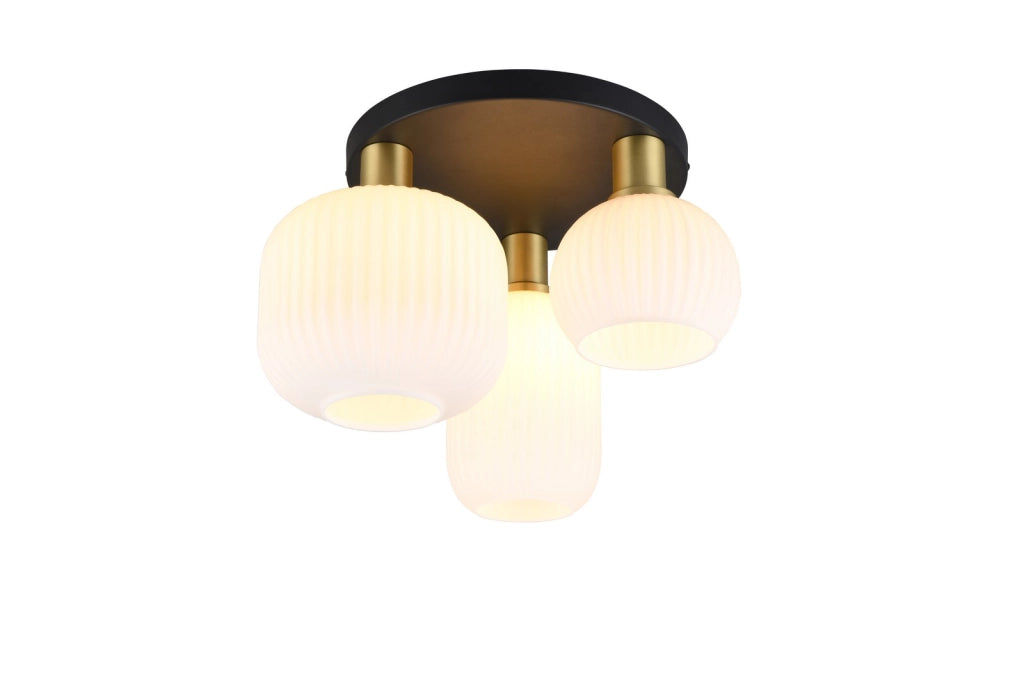 Plafoniera Trio Diva nero ottone, vetro bianco, 3xE27