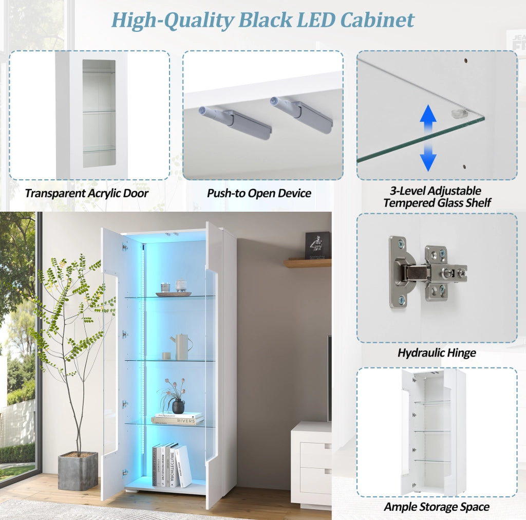Vetrina soggiorno 70x40x173 cm con 2 ante in acrilico; LED USB e frontale lucido; bianca