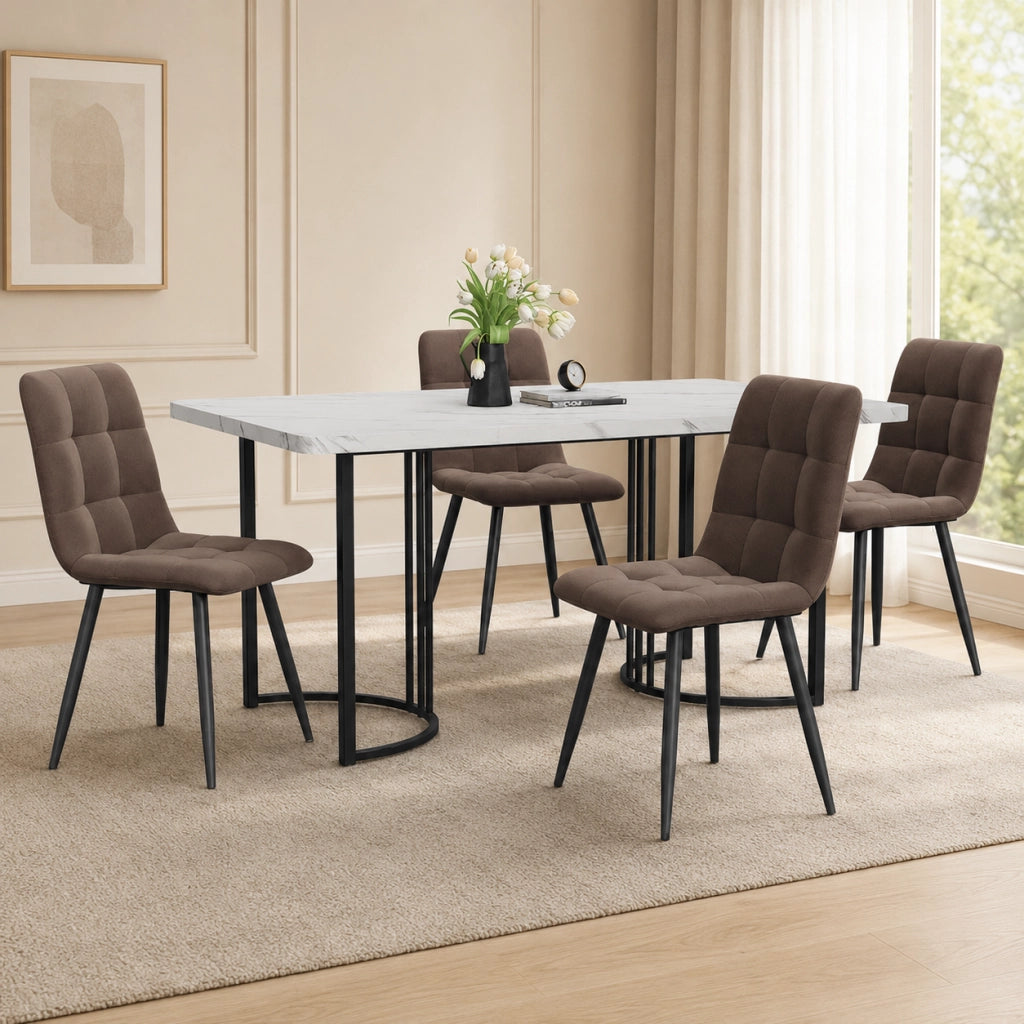 Set da pranzo 5 pezzi 140x80 cm con piano in MDF effetto marmo; gambe in metallo; bianco