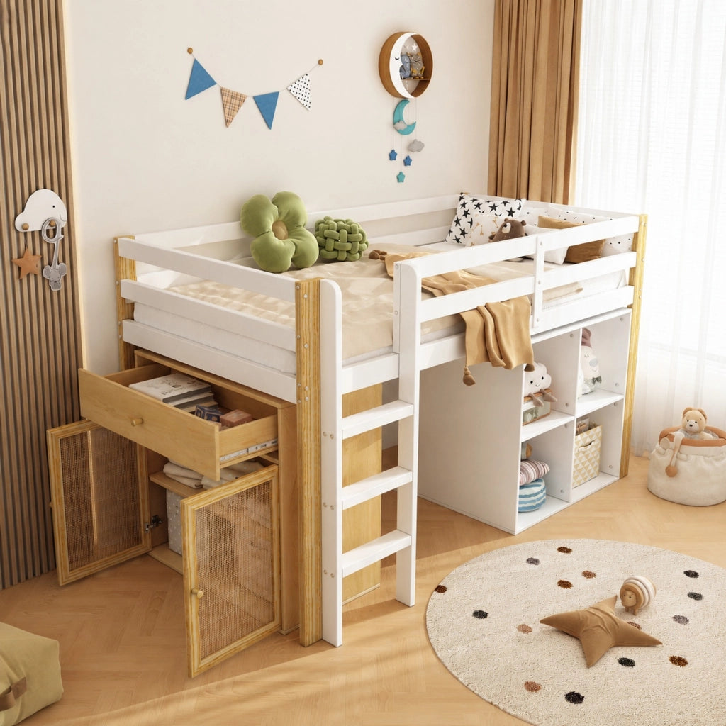 Letto a soppalco per bambini 90x200 cm in legno massello e MDF; naturale e bianco; con 2 contenitori e scala