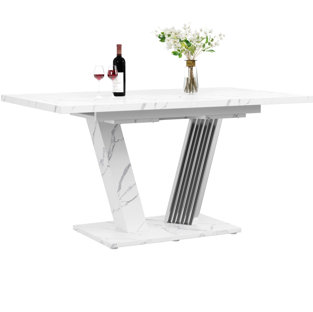 Tavolo da pranzo allungabile 120(160)x80x76 cm con piano effetto marmo; MDF e metallo bianco