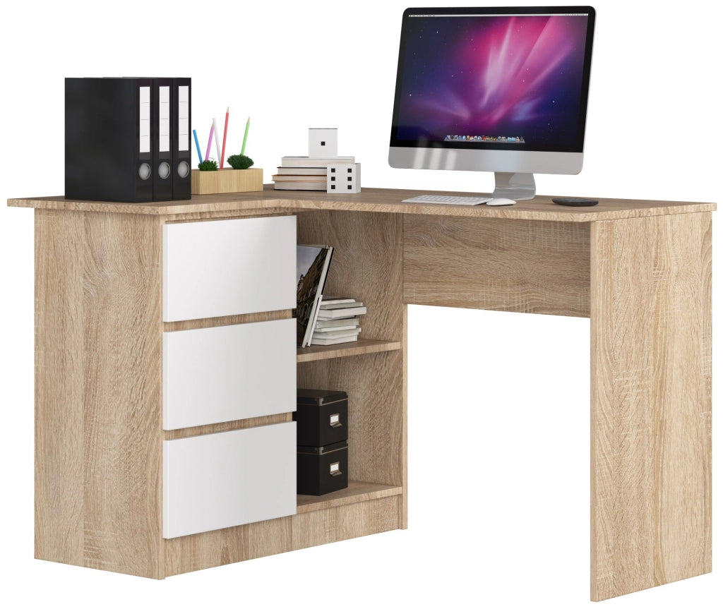 Scrivania angolare AKORD B16 Sonoma Quercia 124 cm 3 cassetti inserto frontale Bianco 124x85x77 cm Modello a sinistra