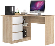 Scrivania angolare AKORD B16 Sonoma Quercia 124 cm 3 cassetti inserto frontale Bianco 124x85x77 cm Modello a sinistra