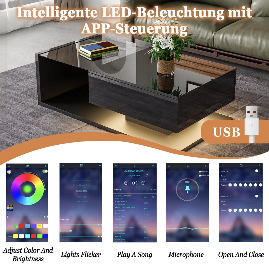 Tavolino da salotto moderno 105x55x32;5 cm in truciolare nero lucido con LED