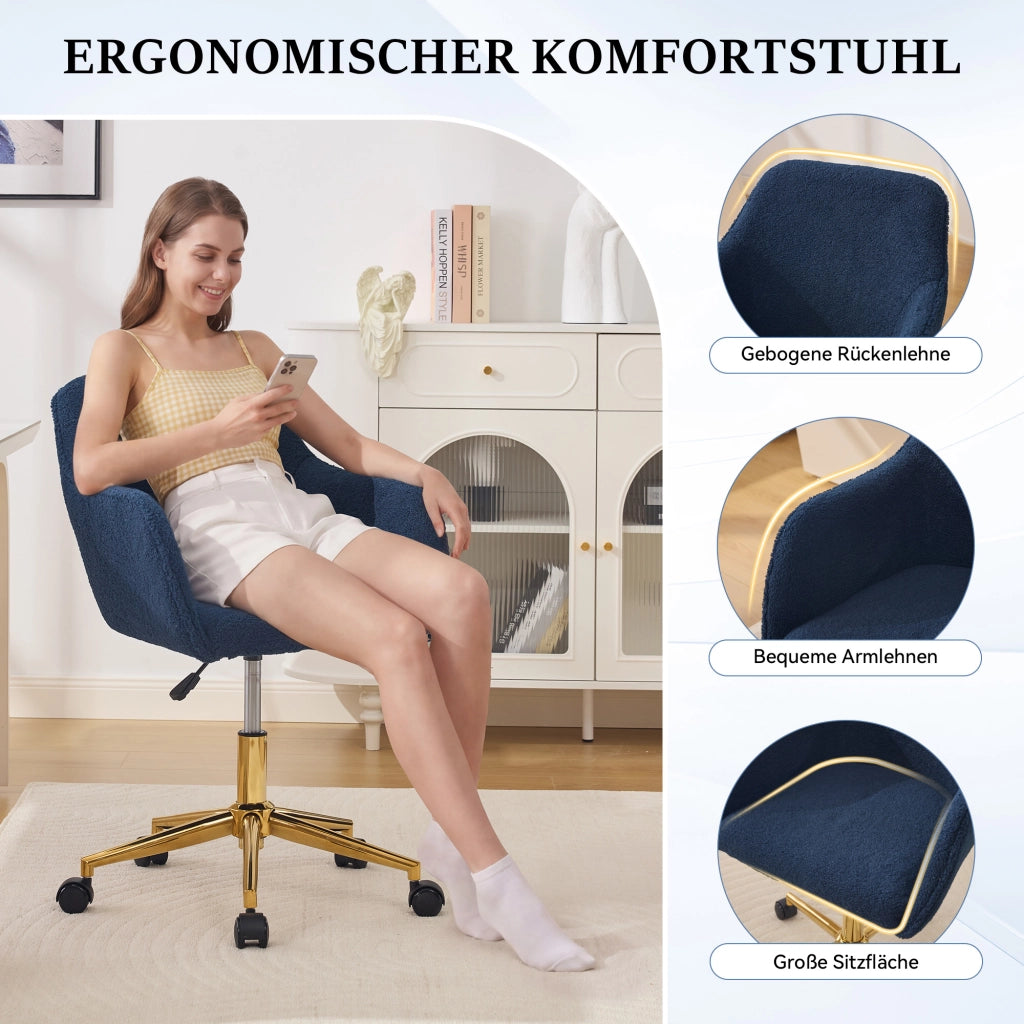 Sedia da ufficio girevole regolabile in altezza 360° con ruote in tessuto Teddy Blu scuro