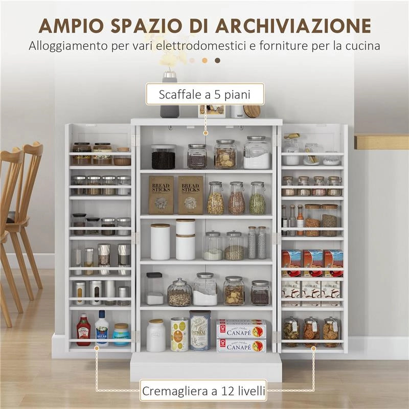 ARMADIO DA CUCINA CON 5 RIPIANI CENTRALI E 2 RIPIANI LATERALI A 6 LIVELLI, IN MDF, 60X30X104 CM, BIANCO