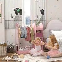 Appendiabiti per Bambini con Ripiani, Scatole e Specchio in Legno, Rosa