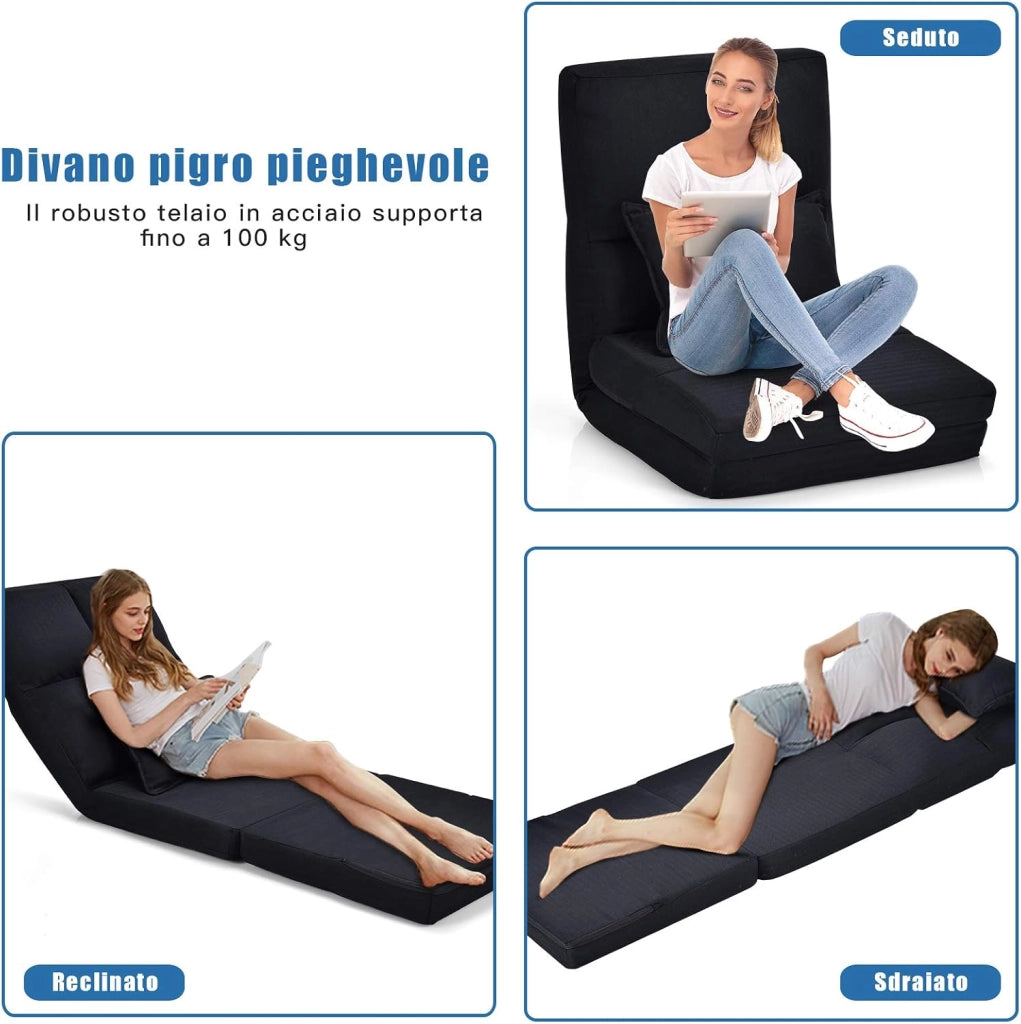 Sedia Pieghevole da Pavimento Portatile, 5 Angoli Regolabile, Cuscino da Seduta con Cuscino per la Schiena, Ideale per Soggiorno Camera da Letto (Nero)