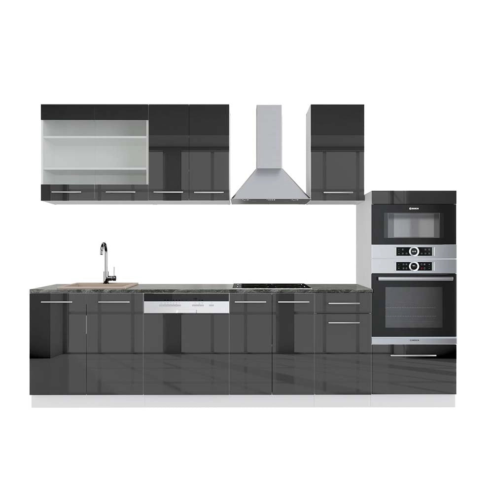 Cucina componibile Fame-Line Antracite lucido/Bianco 300 cm con armadio alto, PL Antracite Vicco