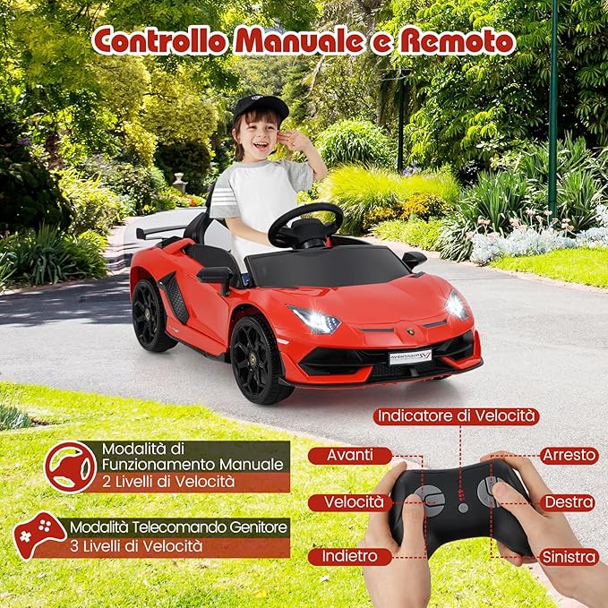 12V Lamborghini Macchina Elettrica per Bambini, Veicolo Elettrico con Telecomando Sospensione a Molla Luci LED MP3, 3-5 km/h, per Bambini 3 Anni+ (Rosso)