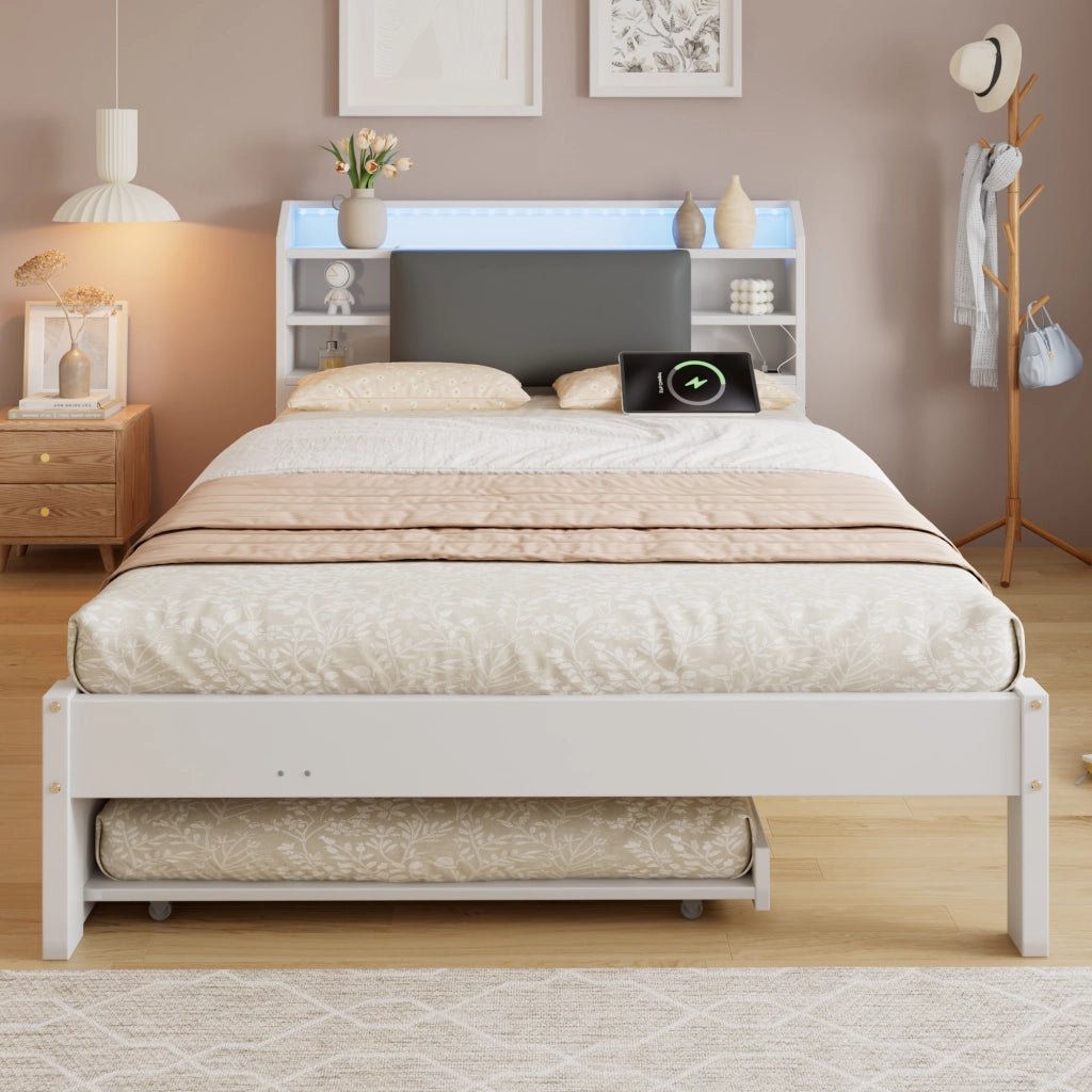 Letto Estraibile 120x200 cm e 90x190 cm - LED; Mensole e Stazione di Ricarica - Bianco
